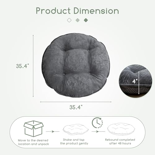 35" Washable Floor Pillow Cushion for Adults, Meditation Cushion Pillow, Extra Large Round Floor Sitting, Removable Tufted Corduroy Cover, for Tatami Living Room or Yoga, Dark Grey, Machine Washable