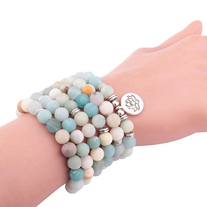 8mm 108 Mala Beads Wrap Bracelet Necklace for Yoga Charm Bracelet Natural Gemstone Jewelry for Women Men - color: Amazonite with lotus