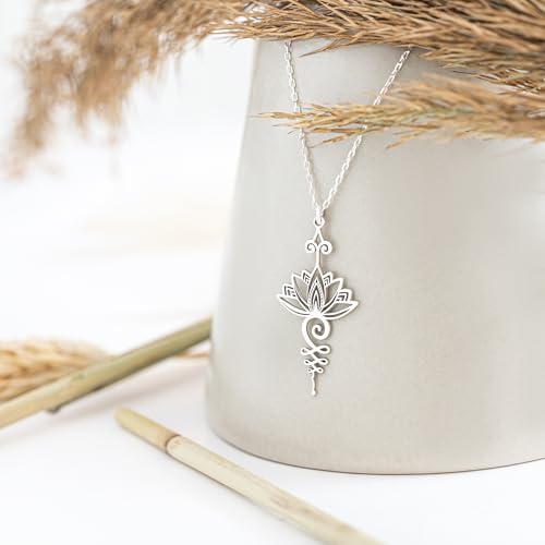Lotus Unalome Necklace - 925 Sterling Silver Lotus Flower Unalome Necklace - Yoga Jewelry - Chakra Necklace - Spiritual Symbol Charm - size: 24 Inches