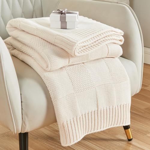 CozeCube Check Knit Throw Blanket, Cream White Checkered Throw for Couch, Decorative Christmas Soft Cozy Warm Knitted Blanket for Bed Sofa Living Room, 50"X60" - color: Cream White, size: 50"X60"