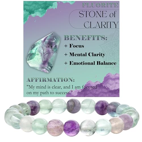 Bivei 8mm Beaded Bracelets for Women Handmade Semi Precious Natural Stone Stretch Elastic Jewelry Yoga Protection Gifts - color: Fluorite - Clarity, size: Medium 6.8-7.3 inch