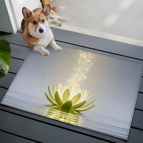 Zen Meditation Lotus Floral Bathroom Mat 2x3 FT, Non Slip Small Kitchen Mat, Green Floral Modern Art Washable Soft Backed Front Door Throw Rug Non-Shedding Indoor Outdoor Doormat for Entryway Sink - size: 2'11" x 2' (Rectangular)