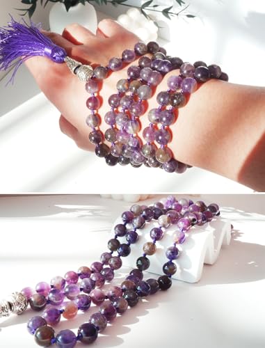 Mala Beads 108 Handmade Necklace,Natural Indian Agate Turquoise Amethyst with Alloy Guru Bead and Tassel,43.2 Inches for Prayer,Meditation,Yoga - color: Amethyst