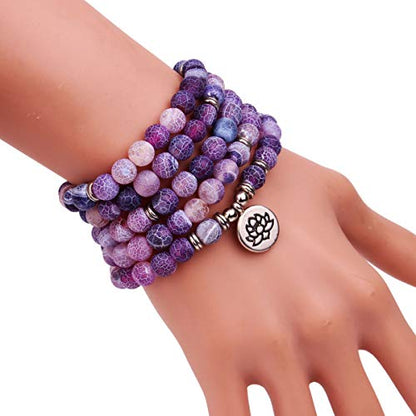 8mm 108 Mala Beads Wrap Bracelet Necklace for Yoga Charm Bracelet Natural Gemstone Jewelry for Women Men - color: Purple Weathered Stone