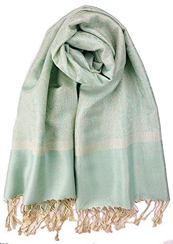 Plum Feathers Two Tone Vintage Paisley Pattern Pashmina Scarf - color: Light Mint Paisley