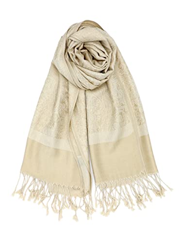Achillea Two-Tone Vintage Paisley Pashmina Scarf – Lightweight Wrap & Shawl for Dresses, Weddings, Travel, All Seasons - color: Champagne