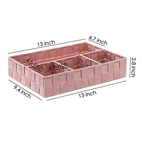 Decorative Woven Strap Divided Basket, Bathroom Storage Bins with Compartment, Bedroom Organization Container with 4 Sections (Pink)