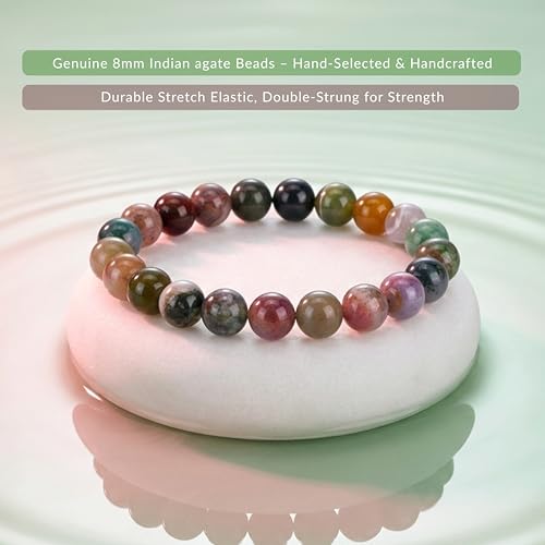 Cherry Tree Collection Tigers Eye Bracelets Plus Over 40 Other Stones – Gemstone Beads for Men & Women, Promotes Protection, Courage, Focus, Balance & Luck – Available in S, M, L with 8mm Round Beads - color: Indian Agate, size: Large