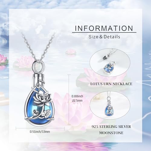 JUSTKIDSTOY Moonstone Urn Necklace for Ashes Sterling Silver Daisy/Rose/Tree Teardrop Pendant Necklace Cremation Jewelry Keepsake Memorial Gifts for Mother Grandma w/Funnel Filler - style: Lotus