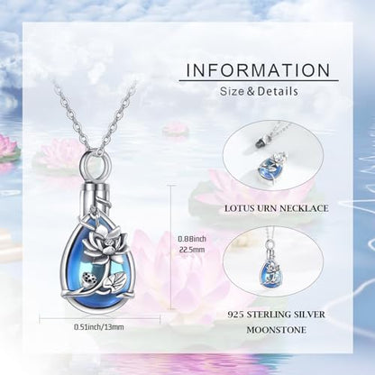 JUSTKIDSTOY Moonstone Urn Necklace for Ashes Sterling Silver Daisy/Rose/Tree Teardrop Pendant Necklace Cremation Jewelry Keepsake Memorial Gifts for Mother Grandma w/Funnel Filler - style: Lotus