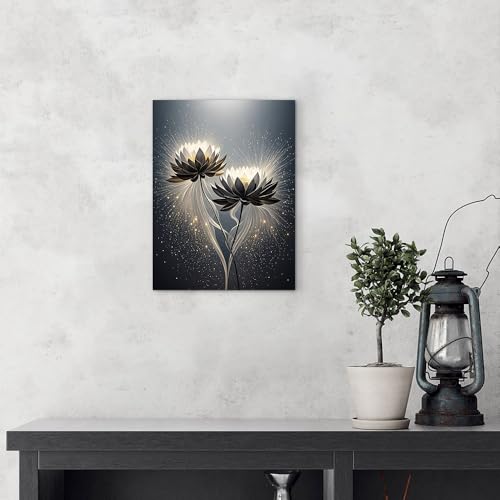ketilly Black Lotus Canvas Print- Mystic Zen Wall Art with Gold Dust Effect, Modern Abstract Painting, Celestial Artwork for Living Room, Bedroom, Meditation Space 12''x15''