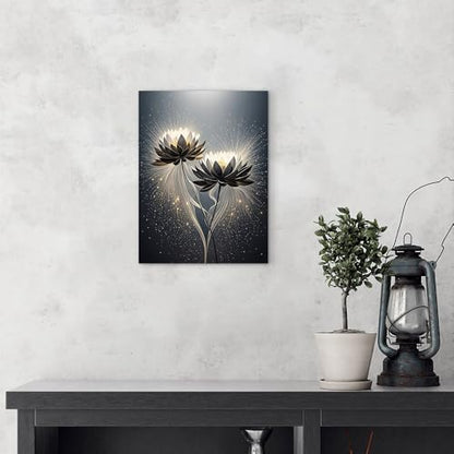ketilly Black Lotus Canvas Print- Mystic Zen Wall Art with Gold Dust Effect, Modern Abstract Painting, Celestial Artwork for Living Room, Bedroom, Meditation Space 12''x15''