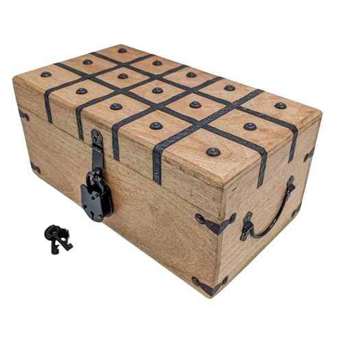 Handmade Pirate Treasure Chest - Rustic Decorative Jewelry - Wooden Storage Box with Iron Lock & Skeleton Key (XL 14.5 x 8 x 7) - size: XL 14.5 x 8 x 7