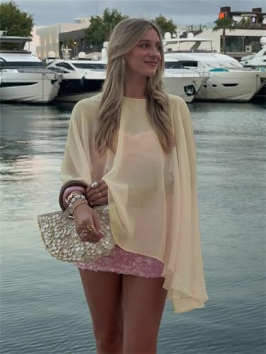 Women Chiffon Cape Shawls and Warps for Evening Dress Wedding Sheer Mesh Flowy Capelets Top - color: A-champagne, size: Small