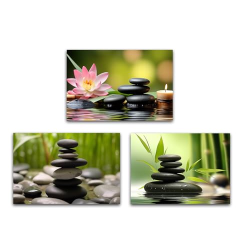 LZIMU Zen Wall Art Bathroom Decor 3 Panels Lotus Bamboo Candle and Zen Stones Canvas Prints Zen Meditation Painting for Yoga Spa Decor Framed (Zen-2, 20.00"x28.00"x3P) - color: Zen-2, size: 20.00"x28.00"x3P
