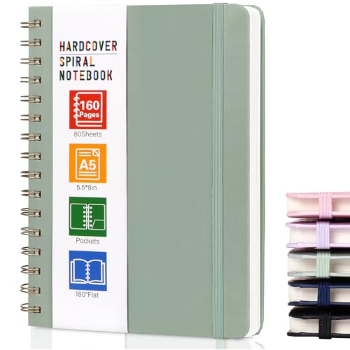 Spiral Notebook for Women, A5 Spiral Journal Notebooks, 160Pages Lined Hardcover Journaling for Work, 5.5 x 8in Journals for Writing, Light Green