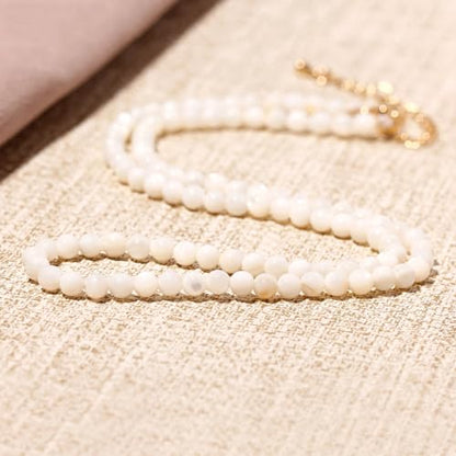 Simple Choker Necklace for Women Real Stone and Crystals Necklaces 4mm Beaded Choker Jewelry Meditation Gift for Women (16"+2") - style: White Shell