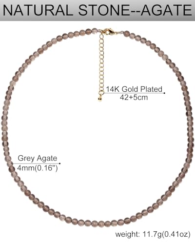 Simple Choker Necklace for Women Real Stone and Crystals Necklaces 4mm Beaded Choker Jewelry Meditation Gift for Women (16"+2") - style: Grey Agate