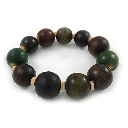 Avalaya Green/Brown/Black Graduated Wood Bead Flex Bracelet - 18cm L