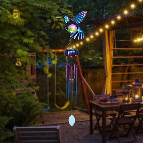 Taman Solar Wind Chime - Hummingbird Crack Glass Solar Light for Outside Waterproof Aluminum Tubes Decorative Memorial Gift, for Home, Outdoor, Yard, Patio,Garden Decor