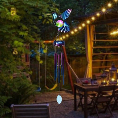 Taman Solar Wind Chime - Hummingbird Crack Glass Solar Light for Outside Waterproof Aluminum Tubes Decorative Memorial Gift, for Home, Outdoor, Yard, Patio,Garden Decor