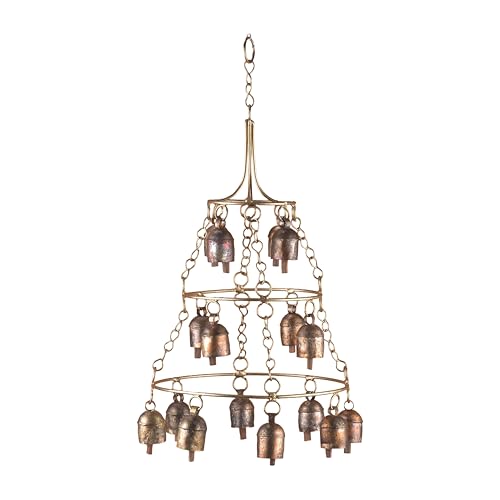 Rustic Wind Chimes for Outside – Handcrafted Tiered Bell Chime with Deep Tone – 16” Copper Coated Bronze Finish Metal Wind Chime for Garden Decor, Porch, Yard, Patio – Farmhouse Outdoor Decoration - color: Bell Chandelier