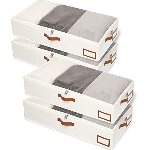 Yawinhe Under Bed Storage Containers, 4 Pack, Bin with Lids, Collapsible Closet Organizers, with Sorting Card Slot and 4 Leather Handles, for Blanket, Bedding, 31.5''Lx15.7''Wx6''H, Beige - color: Beige, size: 31.5x15.7x6in/4-Pack