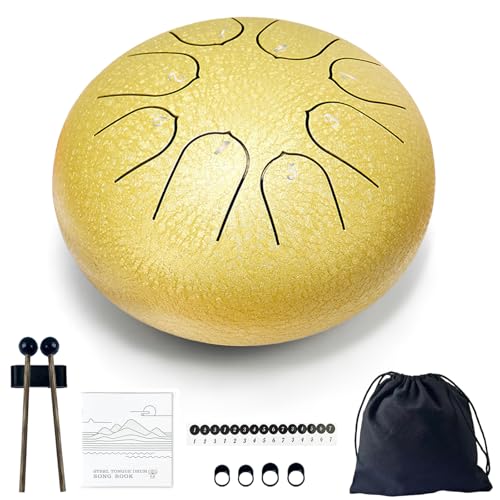 TUOKING Steel Tongue Drum 6 Inch 8 Notes D Major Rain Drum with Carry Bag,Hand pan Drum Mallet and Music Book - Perfect Zen Meditation Instrument, Gift for Beginners & Adults(Gold) - color: Gold, size: 6 Inch 8 Notes
