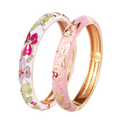UJOY Classic Cloisonne Bracelets Enamel Jewelry Plated Bamboo Flower Cuff Metal Bangle for Women Gift Box - color: A100-Flower-Pink and White