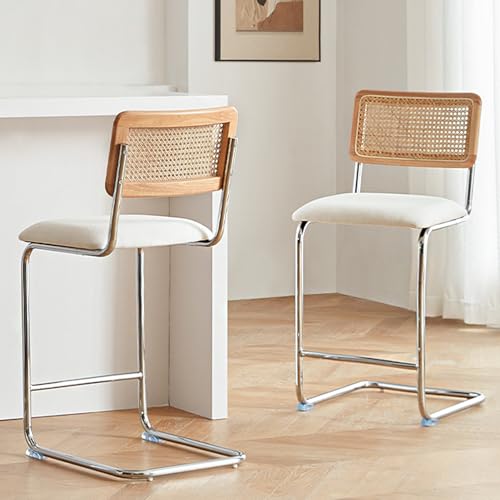 Natural Rattan Counter Height Stools Set of 2 with Solid Wood Back, 24 Inch Mid Century Modern Cesca Bar Stools, White Upholstery Boho Stool for Kitchen Counter with Chrome Metal Legs - color: White, size: 2PCS-24'' Counter Height Stool