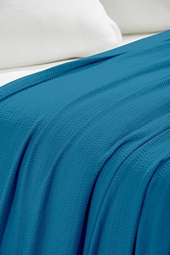 Superior Waffle Weave Cotton Blanket, for Picnic, Beach, Traveling or Camping, Comfy Blanket, Bedroom Decor, Essentials, Cover for Bed, Couch, Lounging, Honeycomb Knit, Throw, Azure