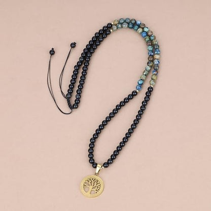 COAI Tree of Life Necklace 108 Mala Beads, Women's Men's Beaded Necklace, Japa Mala for Yoga Meditation 6mm - style: Obsidian & Azurite