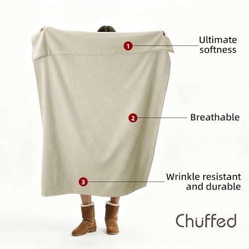 CHUFFED Cotton Waffle Blanket Throw Size - Plush Milk Velvet & Reversible Waffle Weave,Anti-Static 500Gsm Design，Thick Cozy Soft Winter Blanket for Bed, Couch, Sofa - Beige, 50x70 Inches - color: Beige, size: Throw XL