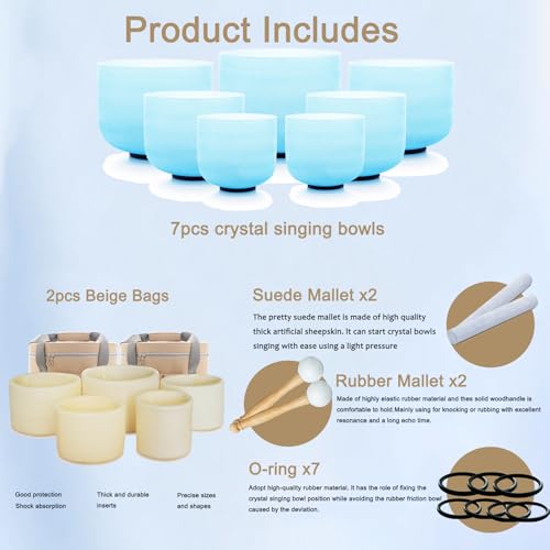 Hye-eun 7PCS 432Hz Crystal Singing Bowl Set, 6-12 inch Blue Frosted Quartz Sound Bowls for Chakra Healing Meditation Yoga Stress Relief with Bags - color: 6-12inch 432hz Blue 7PCS