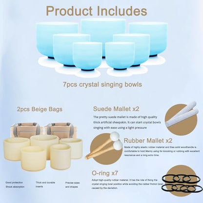 Hye-eun 7PCS 432Hz Crystal Singing Bowl Set, 6-12 inch Blue Frosted Quartz Sound Bowls for Chakra Healing Meditation Yoga Stress Relief with Bags - color: 6-12inch 432hz Blue 7PCS