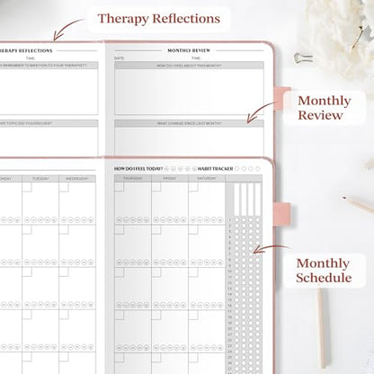 JUBTIC Mental Health Journal, Guided & Anxiety Journal with Mood & Habit Tracker, 90-Day Self Care Planner for Stress Relief with Monthly Summary