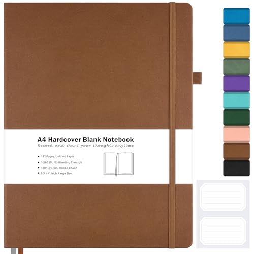 Blank Notebook, Hardcover Sketch Book, 8.5" x 11" Large Blank Journal, No Bleed Thick Paper Sketchbook for Drawing Art, Unlined Notebook Journal for Women Men, A4 Leather Sketchbook, Lay Flat, Brown - color: Brown