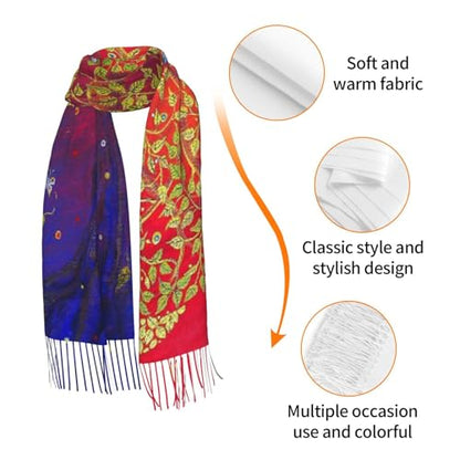 Sacred Bodhi Tree Of Life Themed Eastern Ancient Growth Ethnic Artwork Print Women'S Faux Cashmere Tassel Shawl Warm Soft Poncho Scarf Oversized Blanket Scarf For Fall Winter