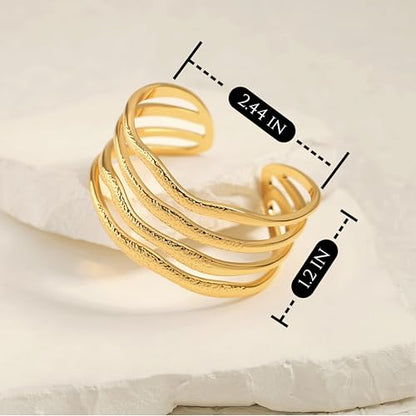 POTESSA 18K Gold Plated Cuff Bracelets Adjustable Dainty Bangle Handemade Jewelry for Women - style: Wide Wave