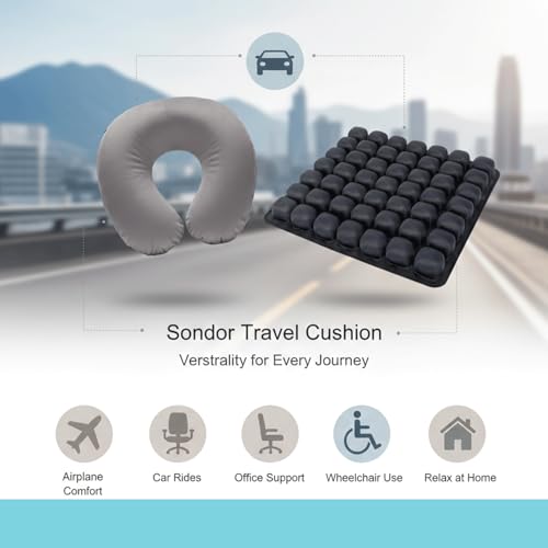 Inflatable Travel Cushion & Neck Pillow – Airplane Seat Cushion with 3D Air Cell, Chair Cushion for Office, Non-Slip Waterproof Pad, Wheelchair, Flight Seat Cushion, Travelling Cushion