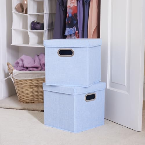 Household Essentials 816-1 Café Cube Bin Storage Set with Lids and Handles | 2 Pack, Baby Blue Linen - color: Blue