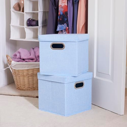 Household Essentials 816-1 Café Cube Bin Storage Set with Lids and Handles | 2 Pack, Baby Blue Linen - color: Blue