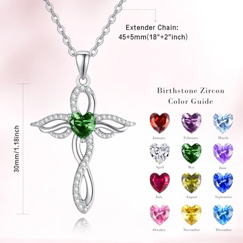TANGPOET Angel Wings Necklace for Women 925 Sterling Silver Guardian Angel Pendant, Heart Cross Birthstone Necklace, Birthday Jewelry Gifts for Her - style: 5-May Emerald