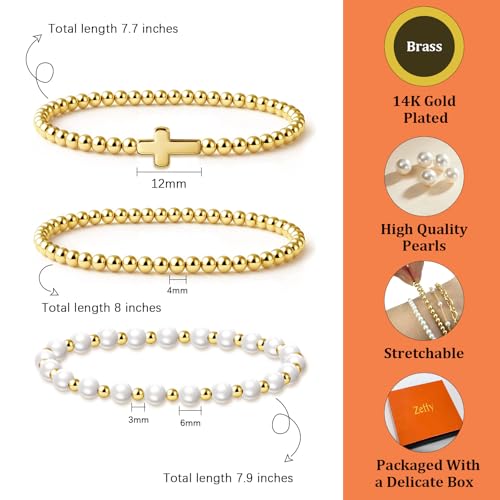 Zeffy Gold Pearl Beaded Bracelet for Women, 14K Gold Plated Jewelry Set With Paperclip Link Chain, Trendy Stack Bracelets - style: 3PCS Pearl Cross Beaded Bracelets