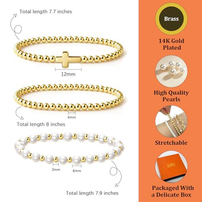 Zeffy Gold Pearl Beaded Bracelet for Women, 14K Gold Plated Jewelry Set With Paperclip Link Chain, Trendy Stack Bracelets - style: 3PCS Pearl Cross Beaded Bracelets