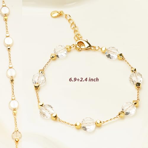 18K Gold Plated Dainty Chain Bracelet for Women Waterproof Crystal Link Bracelet 6.9"+2.4" Gold Minimalist Jewelry Gifts for Her Everyday Wear