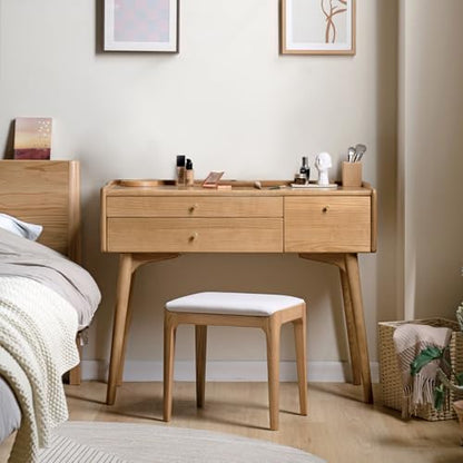 Small Vanity Desk, Solid Wood Dressing Table with Drawer Divider, Study Desk and Vanity Desk for Bedroom, 18" D x 40" W x 32" H - color: Ash Wood-natural, size: 40" W