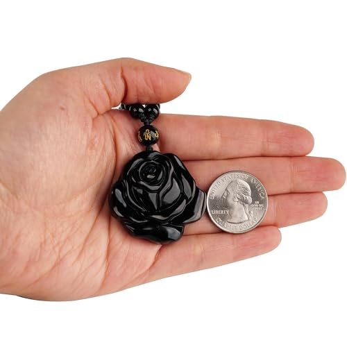 Black Obsidian Necklace Natural Crystal Amulet Protection Pendant with Adjustable Rope Lucky Talisman Necklaces Jewelry Gift for Men Women - color: Rose Beaded Rope