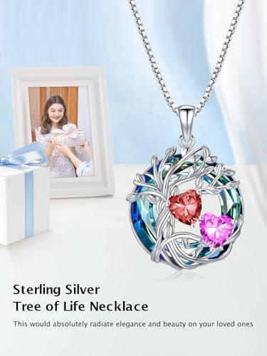 TOUPOP s925 Sterling Silver Family Celtic Tree of Life Pendant Necklaces with 2 Heart Birthstone with Blue Austrian Crystal Jewelry Birthday Valentines Day Gifts for Her, Anniversary Christmas Gifts for Wife Girlfriend Mom (18K Real White Gold Filled) - c