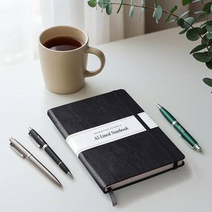 BROWNSTONE JOURNALS A5 Hardcover Lined Journal 5"x8" - Notebook for Work & Writing, 160 Pages Thick 100 GSM Paper, Lay Flat Binding, Elastic Band, Ribbon Bookmark (Charcoal Black) - color: Charcoal Black